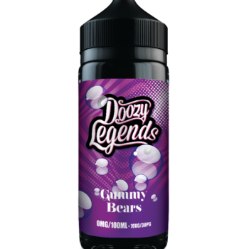 Doozy Legends Gummy Bears 100ml E-Liquid Shortfill. A juicy punch of Blackcurrant Gummies, the unforgettable squishy combination that makes you smile every time. When you have a mouthful of our Gummy Bears you have to make room for one more. The temptation is too hard to resist!