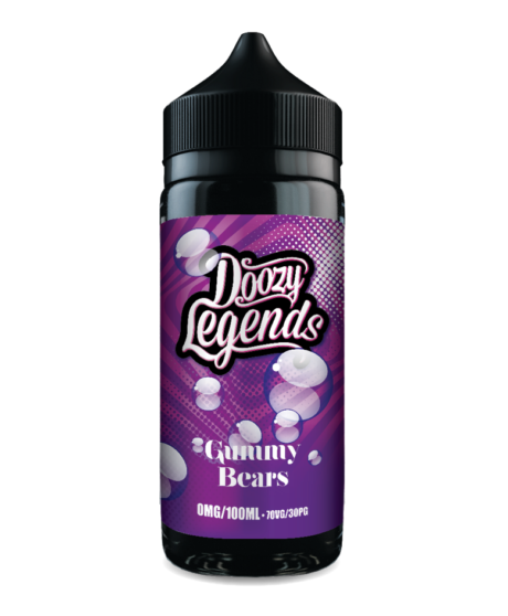Doozy Legends Gummy Bears 100ml E-Liquid Shortfill. A juicy punch of Blackcurrant Gummies, the unforgettable squishy combination that makes you smile every time. When you have a mouthful of our Gummy Bears you have to make room for one more. The temptation is too hard to resist!