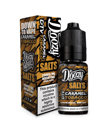 Doozy Salts Caramel Tobacco Nic Salt E-Liquid. A very special Flavour Blended to perfection with the right balance of Tobacco and a Sweet Caramel Centre.