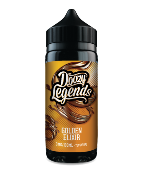 Doozy Legends Golden Elixir 100ml E-Liquid Shortfill. A smooth tobacco flavoured e-liquid perfectly combined with caramel toffee and a hint of vanilla. This golden mixture will leave you mesmerised. The taste of warm melted toffee, enshrouded in a smooth tasting tobacco with the vanilla making it all a very special experience. The exhale of this e-liquid begins with the tobacco notes quickly turning into velvety plumes of caramel yumminess.