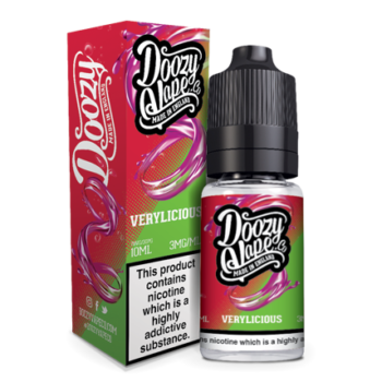 Doozy Verylicious 10ml E-liquid. A Juicy Mix of Green Apples and Wild Berries with a hint of Bubblegum. Available in 3mg and 6mg Nicotine Strength.