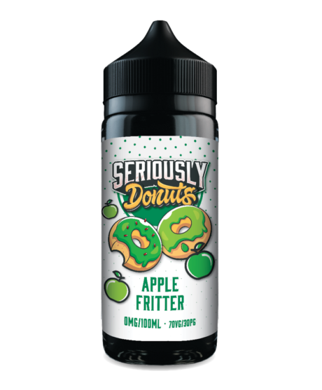 Seriously Donuts Apple Fritter E-liquid Shortfill. Deliciously soft and airy dough, filled with a Caramelised Apple centre with a Sugar glazed coating.