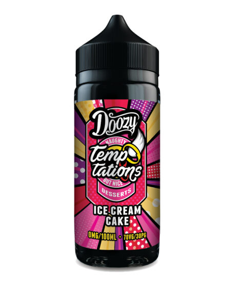 Doozy Temptations Ice Cream Cake E-Liquid Short fill. Scoops of Vanilla Ice Cream sandwiched between layers of Soft Spongy Cake topped with Sprinkles.