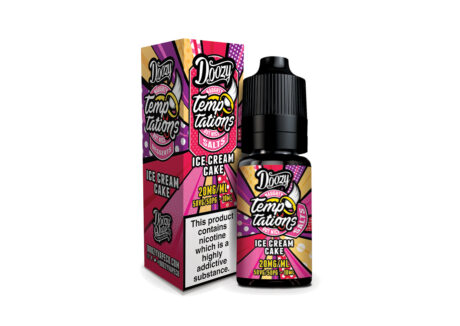  Doozy Temptations Ice Cream Cake Nic Salt E-Liquid. Scoops of Vanilla Ice Cream sandwiched between layers of Soft Spongy Cake topped with Sprinkles.
