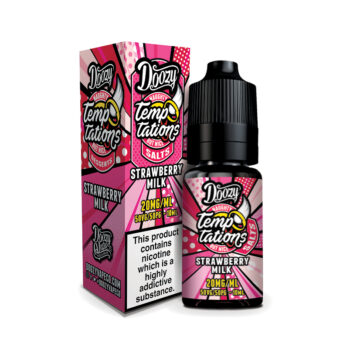 Doozy Temptations Strawberry Milk Nic Salt E-liquid. A Silky, Smooth blend of Sweet Strawberries and Clotted Cream with a Splash of Milk. Creating Plumes of Happiness!