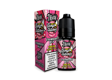 Doozy Temptations Strawberry Milk Nic Salt E-liquid. A Silky, Smooth blend of Sweet Strawberries and Clotted Cream with a Splash of Milk. Creating Plumes of Happiness!